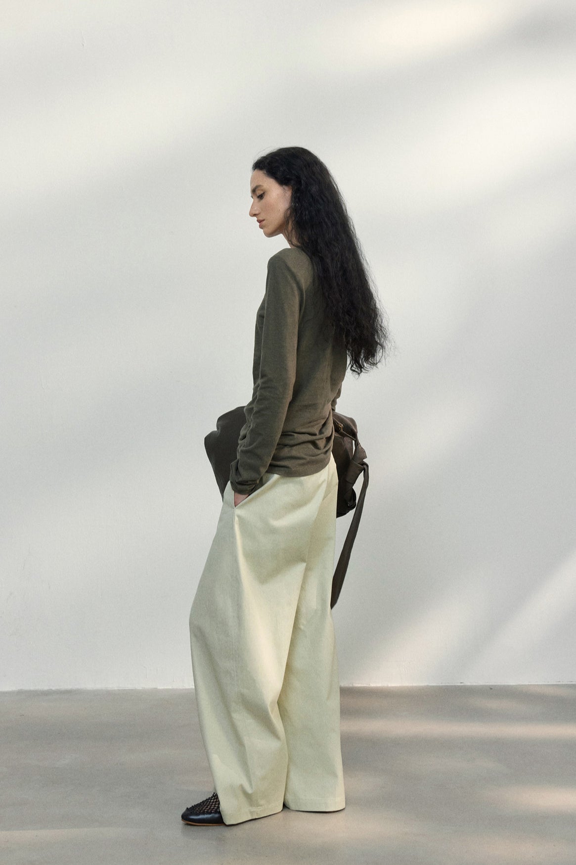 Fitted Textured Pleated Cotton Linen Knit Sweater