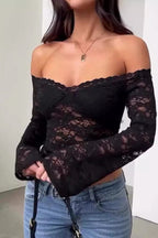 Sexy Bardot Sheer Lace Knit Top