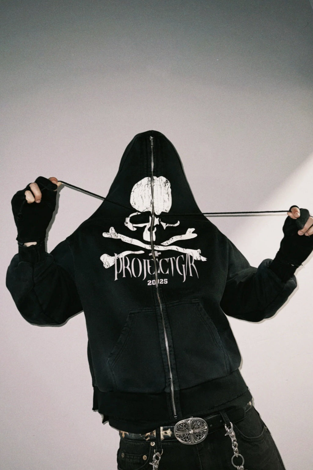Washed Skeleton Print Zip Up Hoodie