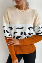 Contrast Leopard Pattern Knit Sweater