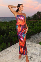 Colorful Ombre Print Strapless Bodycon Maxi Dress