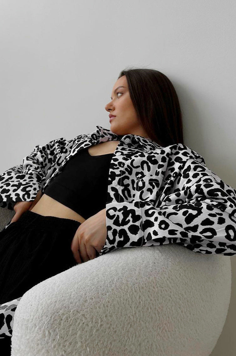 Leopard Print Turn Down Collar Long Sleeve Blouse