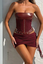 Dark Retro Lace-Up Corset Leather Pencil Skirt Two Pieces Set