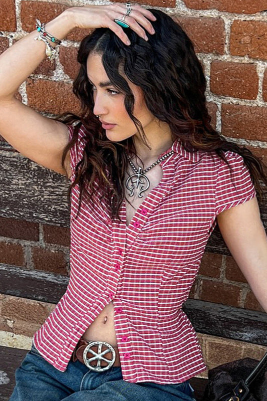 Vintage Red Plaid Polo Collar Button-Down Cropped Blouse