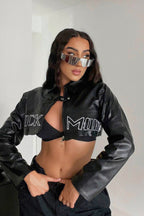 Embroidered Letter PU Leather Coat