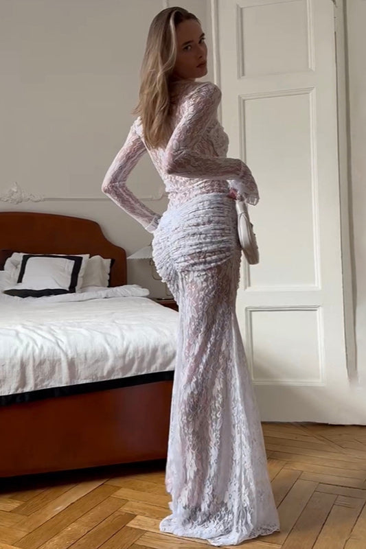 Lace Sheer Top High-Waisted Long Skirt Two Pieces Set