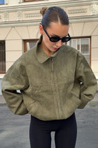 Casual Green Suede Collar Jacket
