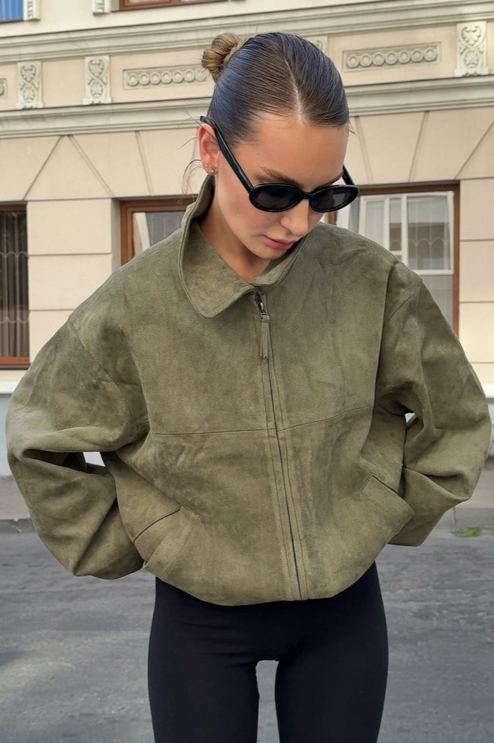 Casual Green Suede Collar Jacket