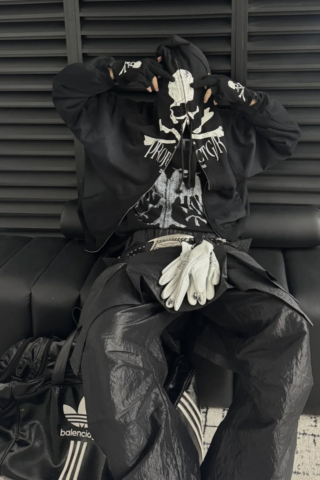 Washed Skeleton Print Zip Up Hoodie