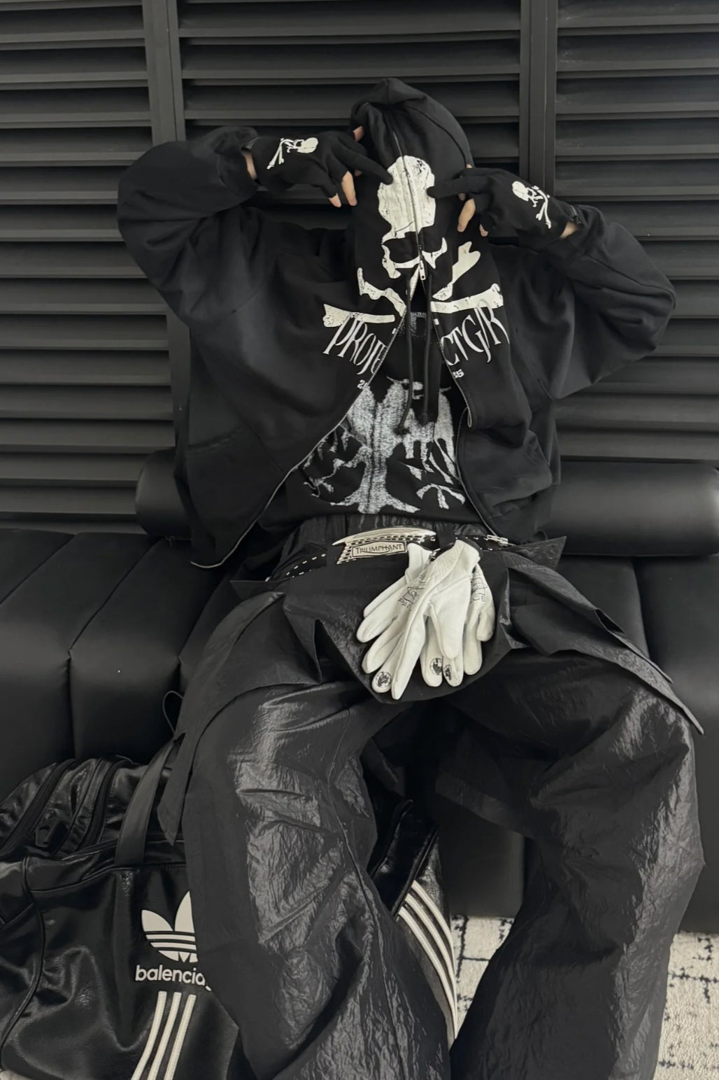 Washed Skeleton Print Zip Up Hoodie