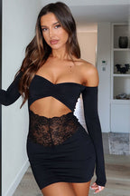 Off Shoulder Lace Patchwork Mini Dress