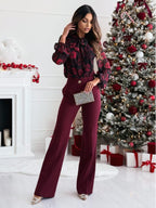 Chiffon Bow Tie Printed Long Sleeve Blouse