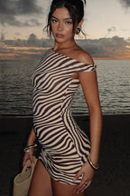 Zebra Print Ruched Drawstring Sleeveless Mini Dress