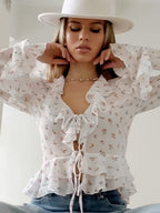 Floral Ruffled V-Neck Slim Fit Blouse