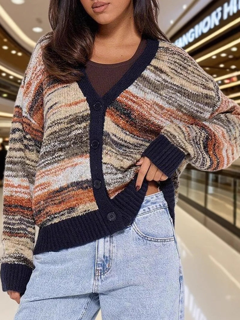 Color-Block Striped V-Neck Retro Knit Sweater