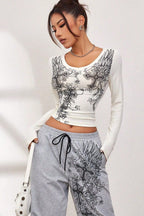 Dark Gothic Wing Print Long Sleeve T-Shirt