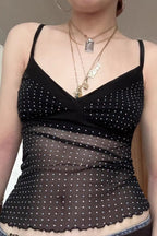 Sheer Polka Dot V-Neck Halter Cami Crop Top