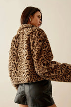 Fleece Leopard Print Notch Collar Short Coat