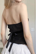 Polka Dot Satin Bow Tie Backless Halter Crop Top