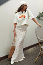 High Waist Satin Floral Print Drape Skirt