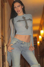 Mesh Panel Gold Print T-shirt