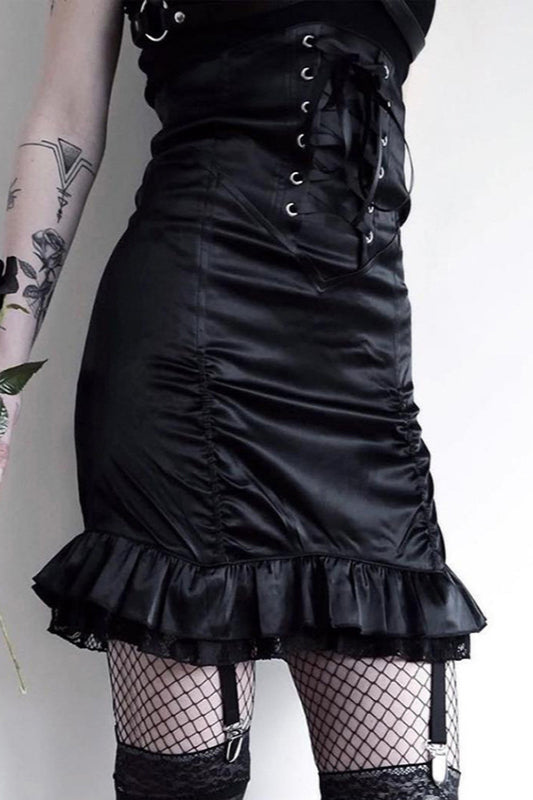 Lace Trim Ruched Patchwork Skirt