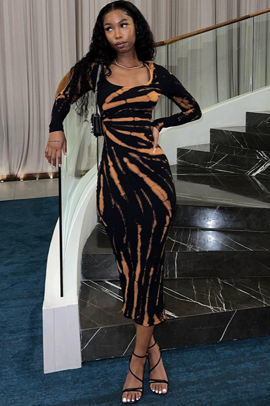 Sexy U-Neck Floral Print Long Sleeve Bodycon Maxi Dress