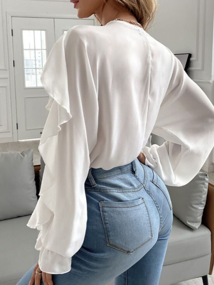 Ruffled V-Neck Long Sleeve Blouse