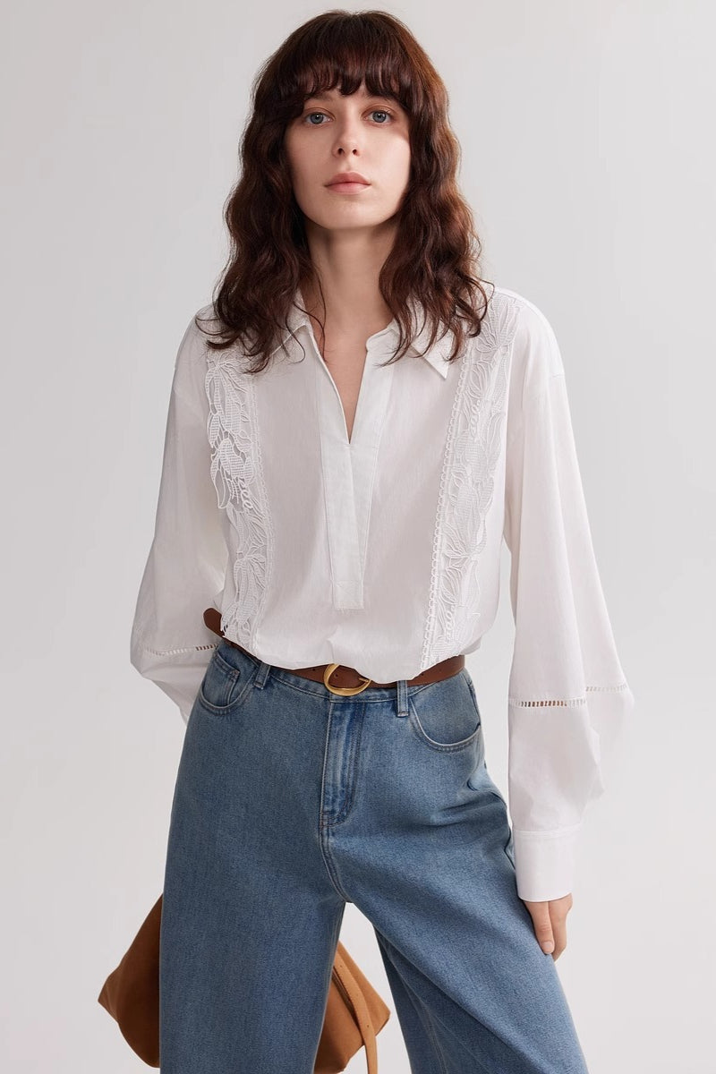 French Style White Lace Embroidered Loose Blouse