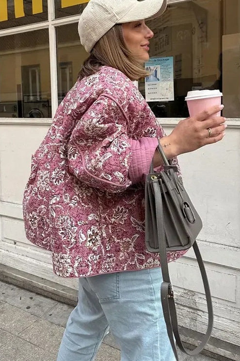 Floral Print Crew Neck Padded Coat