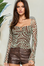 Printed Mesh Long Sleeve Blouse