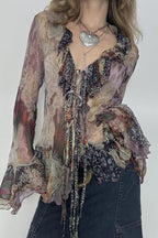 Vintage Print Contrast Mesh Tie Blouse