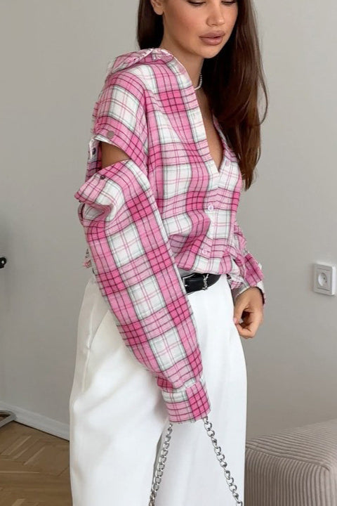 Pink Plaid Loose Fit Button-Up Blouse