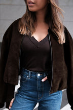 Oversized Faux Suede Bomber Jacket