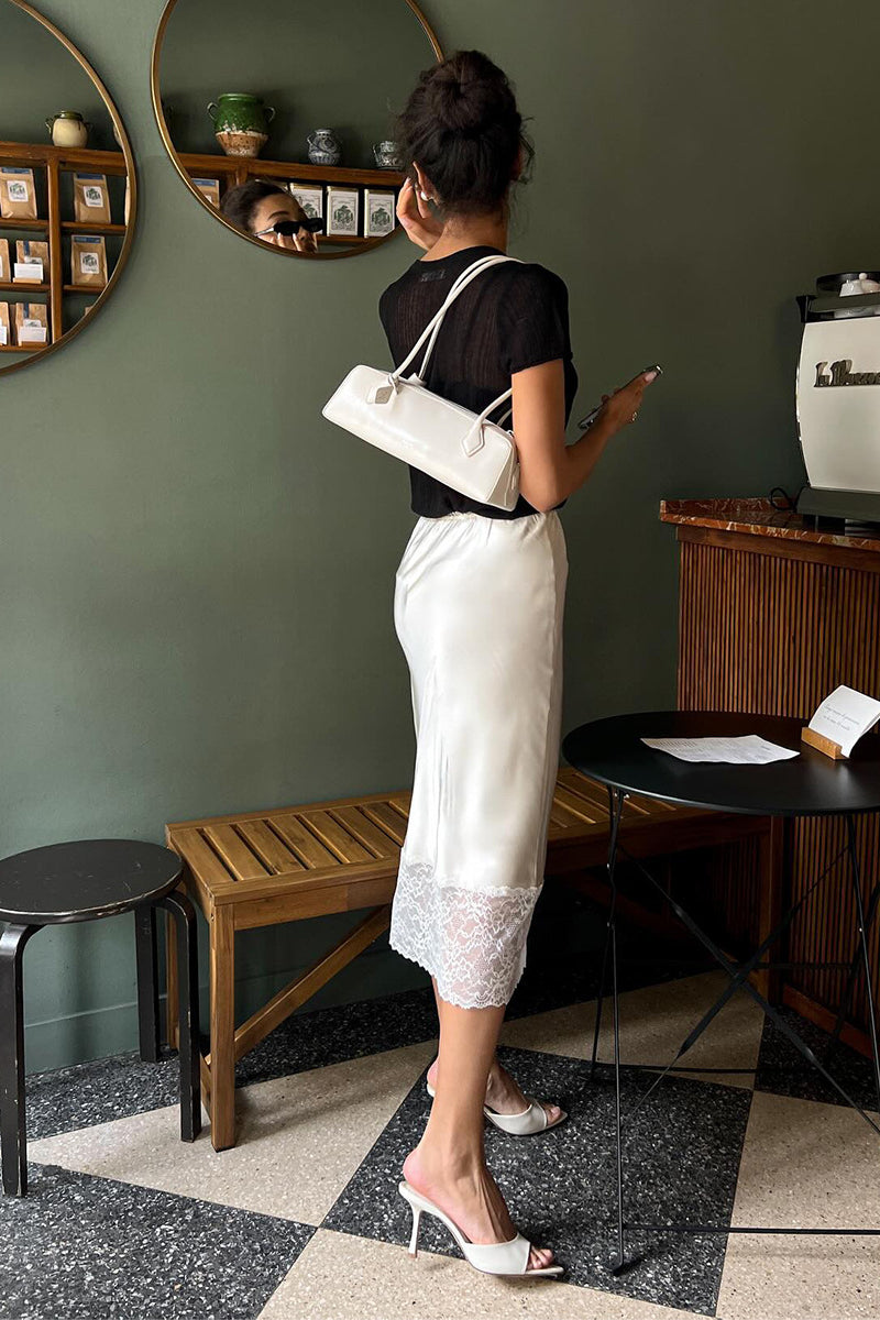 Satin Lace Trim Midi Skirt