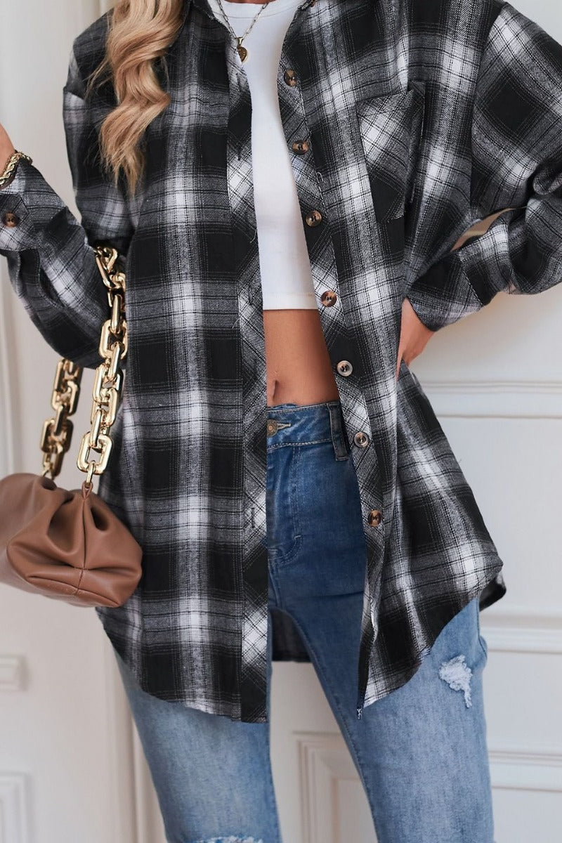 Casual Boyfriend Fit Plaid Collared Blouse
