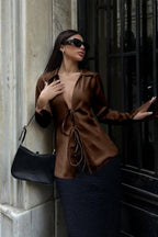 Satin Tie Front Fitted Blouse