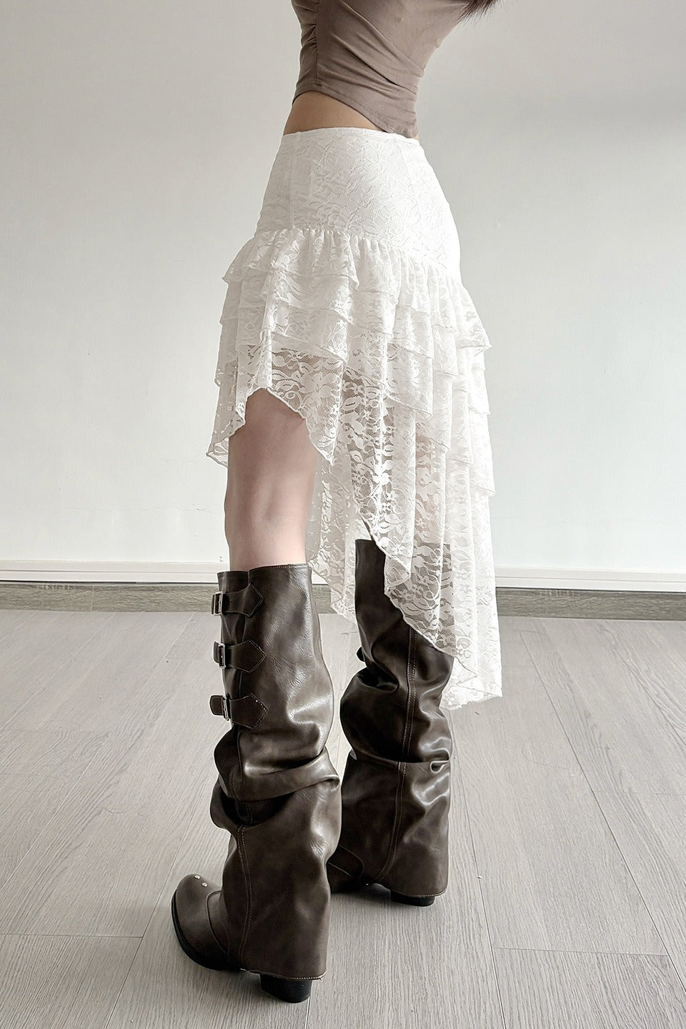 Lace Tiered High-Waist Asymmetrical Skirt