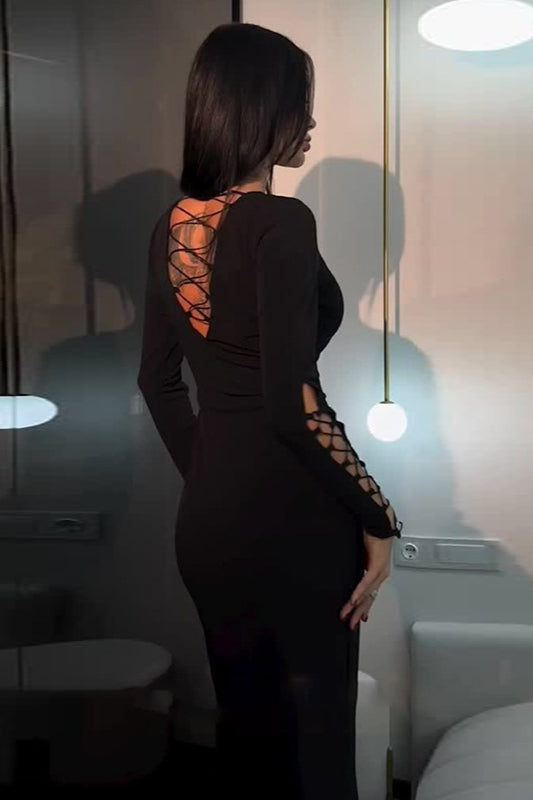 Sexy Lace-Up Cutout Black Long Sleeve Bodycon Maxi Dress