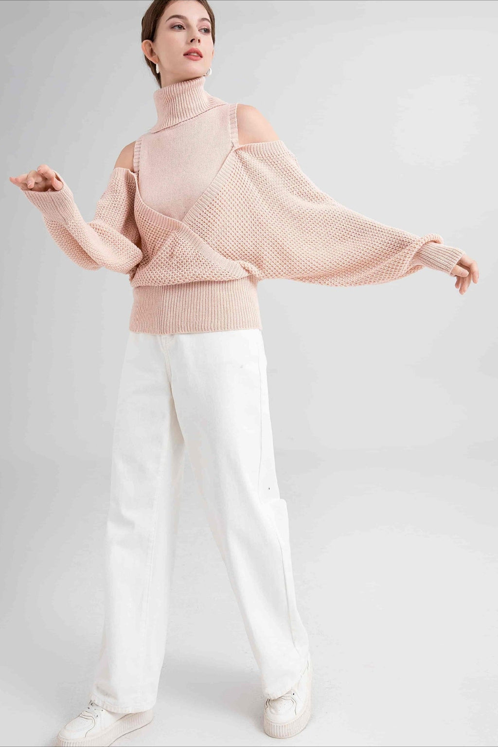 High Neck Off-Shoulder Double Layer Knit Sweater
