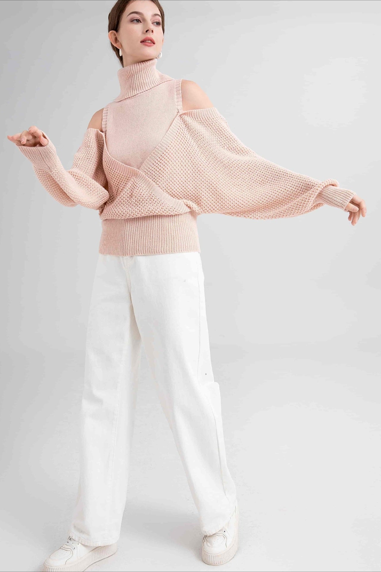 High Neck Off-Shoulder Double Layer Knit Sweater