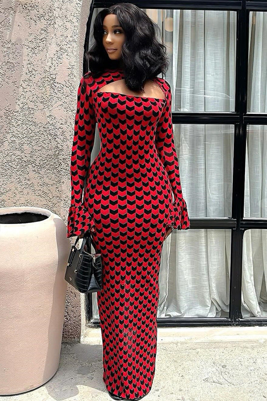 Trendy Hollow Bell Sleeve Floral Print Bodycon Maxi Dress