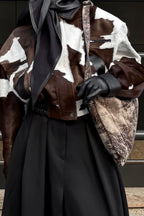 Cow Print Faux Leather Notch Collar Coat