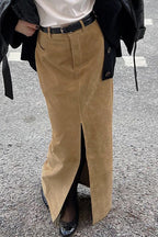 Vintage Suede Brown High Waist Split Midi Skirt