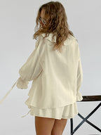 Ruffled Hem Tie Front Cardigan & Shorts Set Blouse