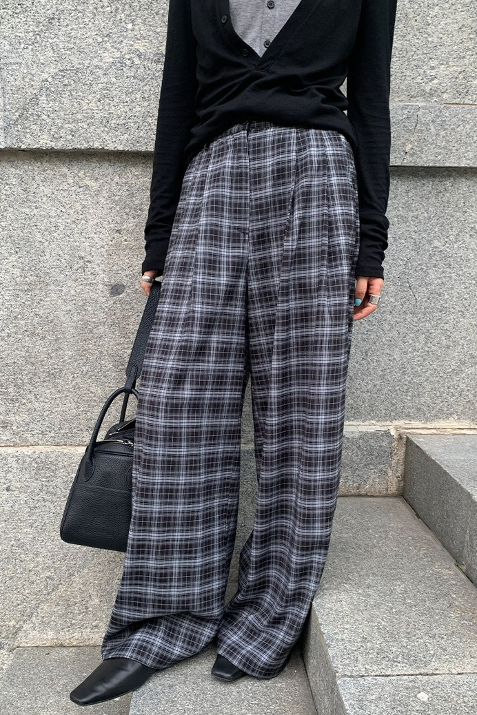 Draped Plaid High Waist Wide Leg Pants