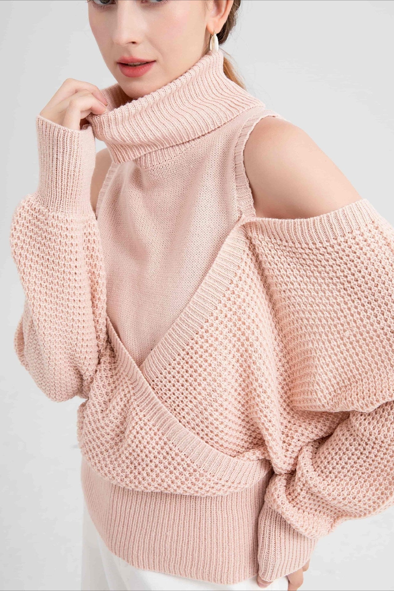 High Neck Off-Shoulder Double Layer Knit Sweater