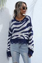 Distressed Zebra Print Knit Sweater