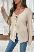 Tie-Front Round Neck Solid Color Knit Cardigan