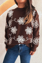 Colorblock Floral Knit Pullover Sweater